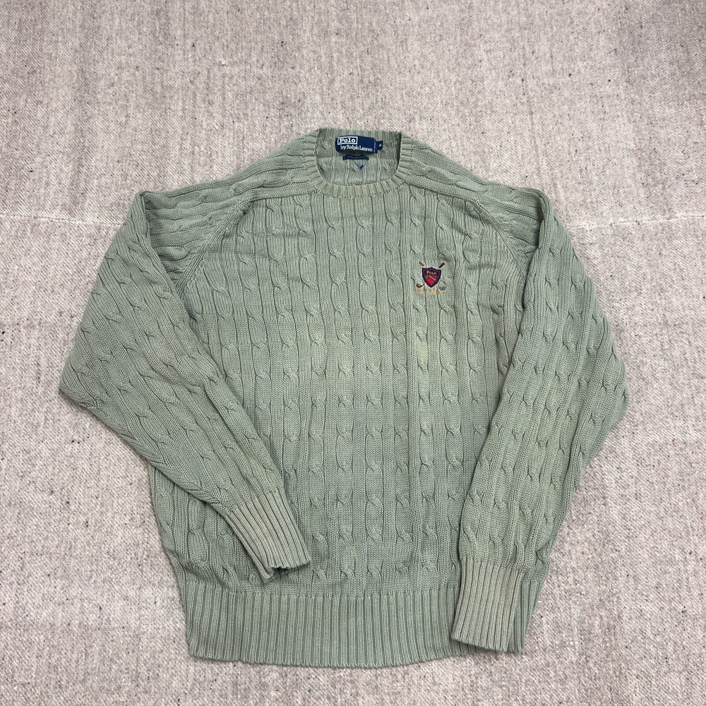 Vintage Polo Ralph Lauren Sweater Mens XL Green 1990s Golf Crest Cable Knit
